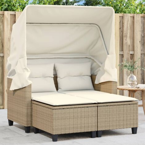 Vidaxl – Canapé de jardin 2 places avec auvent rétractable – Résine tressée beige – 123 x 65 x 155 cm – Tabourets inclus pour confort