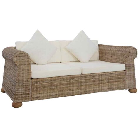 Vidaxl – Canapé de jardin 2 places en rotin naturel – Coussins lavables – Dimensions 155 x 78 x 67 cm – Cadre en bois de manguier massif