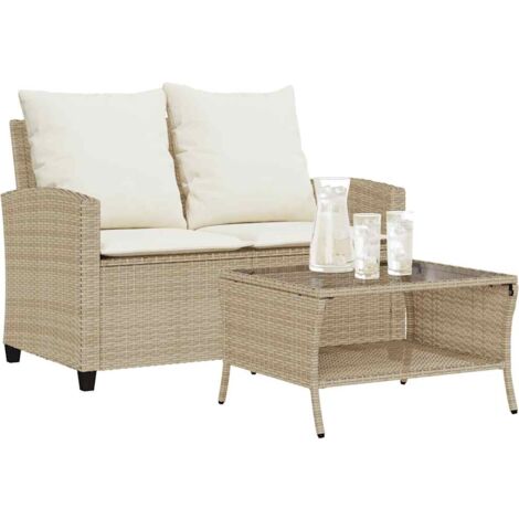 vidaXL Canapé de jardin 2places coussins et table beige résine tressée