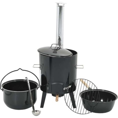 vidaXL Cannone Gulasch con Camino e Coperchio Nero Acciaio Smaltato