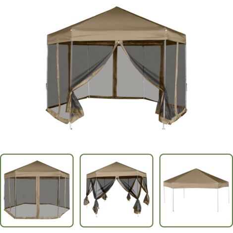 vidaXL Carpa para jardín -  Carpa desmontable hexagonal paredes gris taupe 3,6x3,1m 220g/m²
