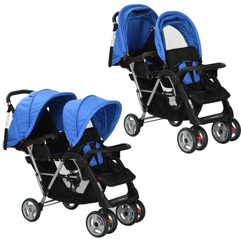 

vidaXL Carrito para Dos Bebés Tandem Gemelos de Acero Azul y Negro - Multicolor