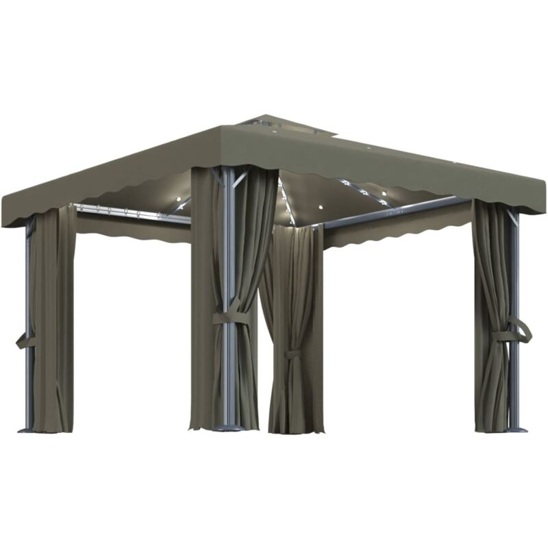 

Vidaxl - Cenador con cortina y tira de luz LED aluminio taupé 3x3 m - Gris Topo
