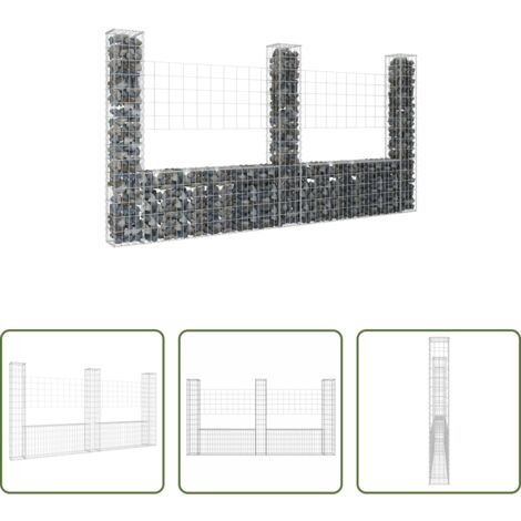 vidaXL Cesto gabbione -  Cesto Gabbione a U con 3 Pali in Ferro 260x20x150 cm