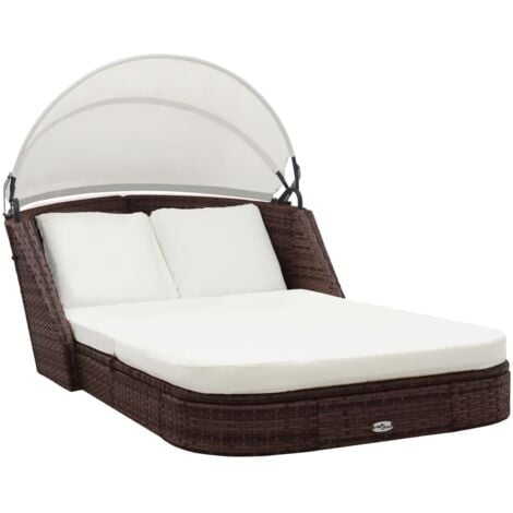 Chaise longue avec auvent Résine tressée Marron