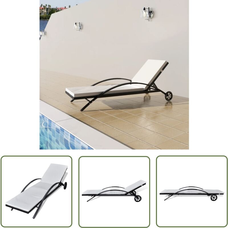 The Living Store Chaise longue avec coussin et roues Résine tressée Noir - Chaises Longues - Mobilier De Jardin - Transats - Bain De Soleil - Chaises