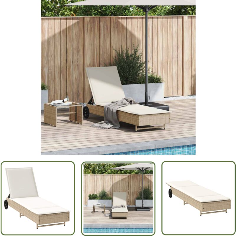 The Living Store - vidaXL Chaise longue avec roues et coussin beige résine tressée