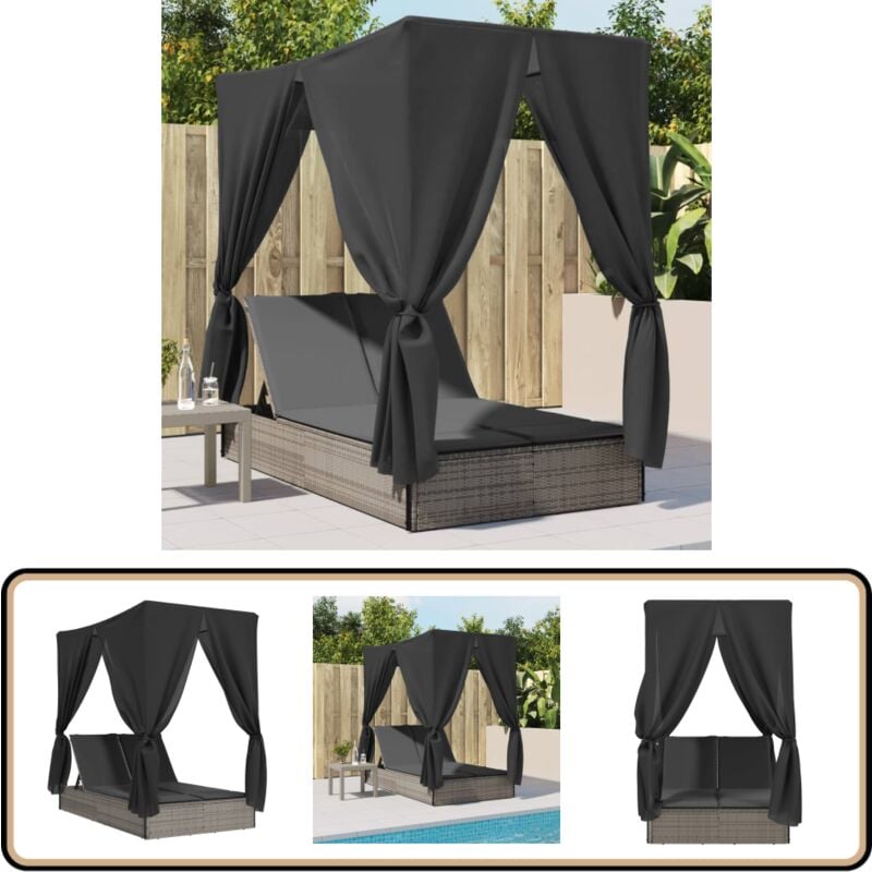 Vidaxl - Chaise longue double avec toit et rideaux gris résine tressée