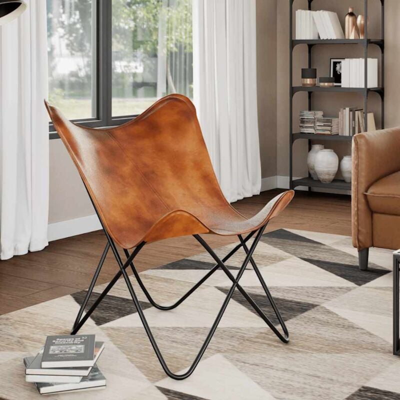 Chaise papillon Marron Cuir véritable Vidaxl
