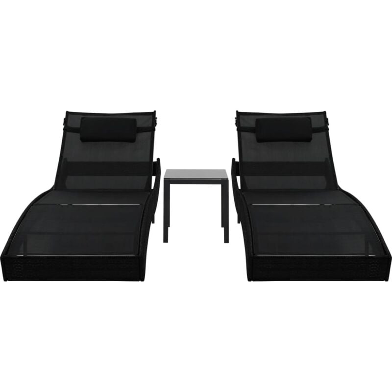 INLIFE Chaises longues 2 pcs et table Résine tressée et textilène Noir