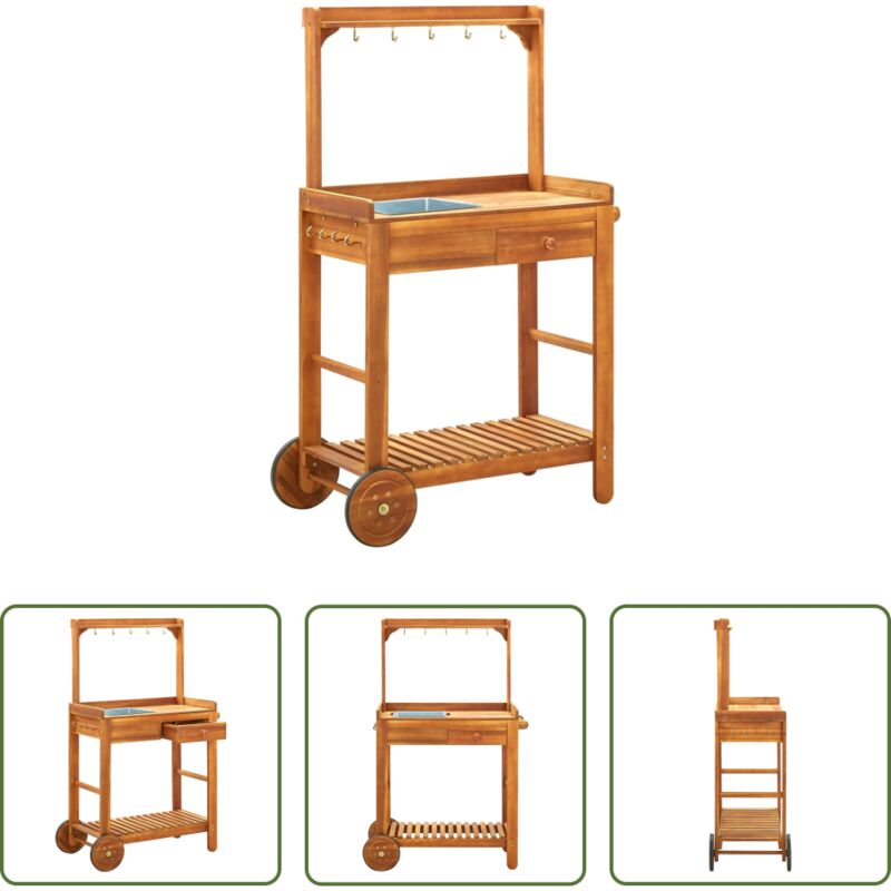 vidaXL Table de cuisine extérieure - Chariot de cuisine de jardin Bois d'acacia 92x43,5x141,5 cm