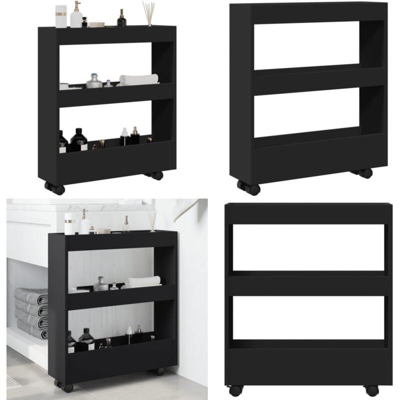 Chariot de rangement étroit 3 niveaux noir bois d'ingénierie - Vidaxl