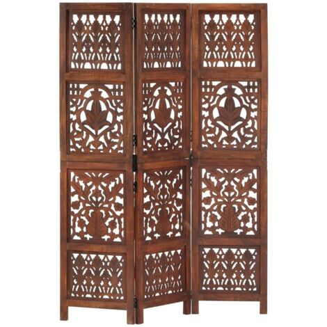 Vidaxl – Cloison de séparation paravent 3 panneaux 120x165cm – Bois de manguier massif avec motifs sculptés – Finition marron délavée