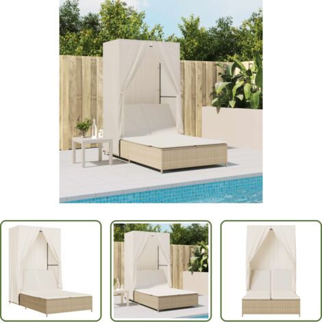 vidaXL Cojín acolchado -  Tumbona doble con techo y cortinas ratán sintético beige