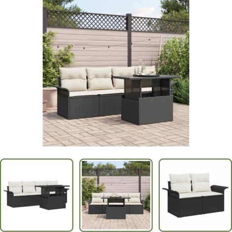 vidaXL Cojín de asiento -  Conjunto de sofá de jardín 5 pcs Negro Rattan de Poliéster
