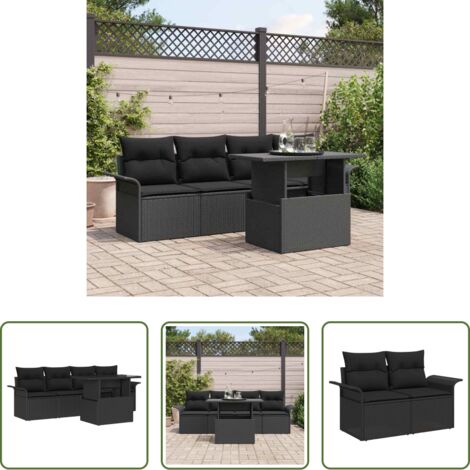 vidaXL Cojín de asiento -  Conjunto de sofá de jardín 5 pcs Negro Rattan de Poliéster