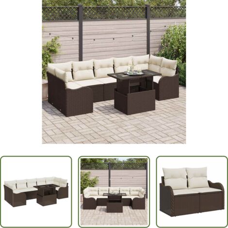 vidaXL Cojín de asiento -  Conjunto de sofá de jardín con cojín 8 pcs Marrón Poliratán