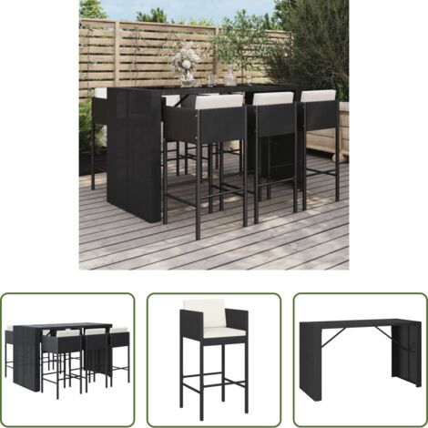 vidaXL Cojín de asiento -  Mesa y taburetes altos jardín y cojines 7 pzas ratán PE negro