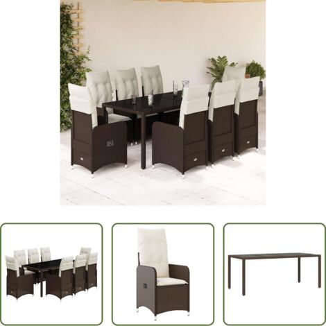 vidaXL Cojín de asiento -  Set de mesa y sillas jardín 9 piezas y cojines ratán PE marrón
