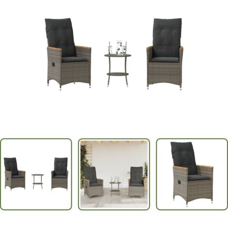 vidaXL Cojín de asiento -  Sillas y mesita de jardín con cojines 3 piezas ratán PE gris