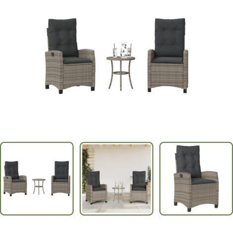vidaXL Cojín de asiento -  Sillas y mesita de jardín con cojines 3 piezas ratán PE gris