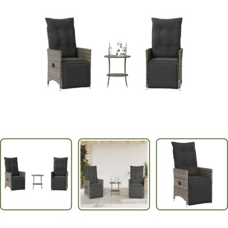 vidaXL Cojín de asiento -  Sillas y mesita de jardín con cojines 3 piezas ratán PE gris