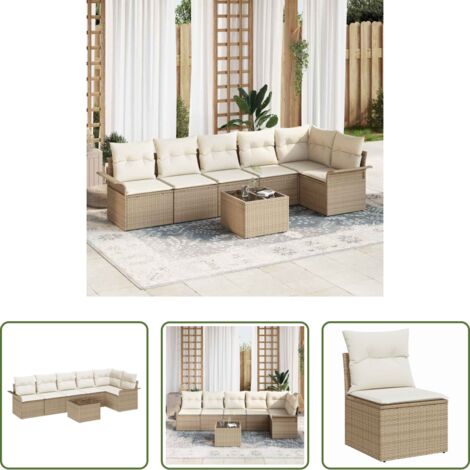 vidaXL Cojín de exterior -  Conjunto de sofá de jardín con cojín 7 pcs Beige Poliratán