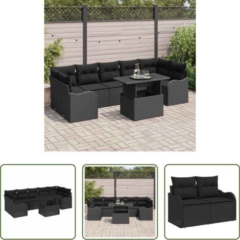 vidaXL Cojín de poliéster -  Conjunto de sofá de jardín con cojín 8 pcs Negro Poliratán