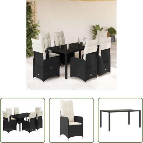 vidaXL Cojín de respaldo -  Set de mesa y sillas de jardín 7 pzas y cojines ratán PE negro