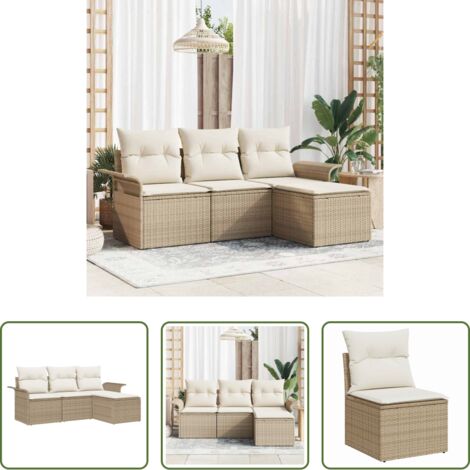 vidaXL Cojín exterior -  Conjunto de sofá de jardín con cojín 4 pcs Beige Poliratán