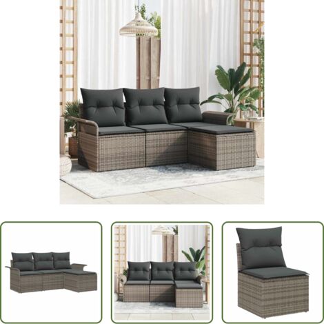 vidaXL Cojín exterior -  Conjunto de sofá de jardín con cojín 4 pcs Gris Poliratán
