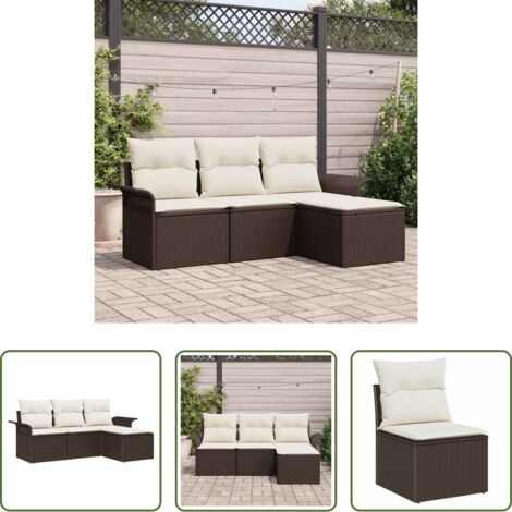 vidaXL Cojín exterior -  Conjunto de sofá de jardín con cojín 4 pcs Marrón Poliratán