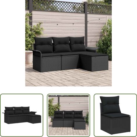 vidaXL Cojín exterior -  Conjunto de sofá de jardín con cojín 4 pcs Negro Poliratán