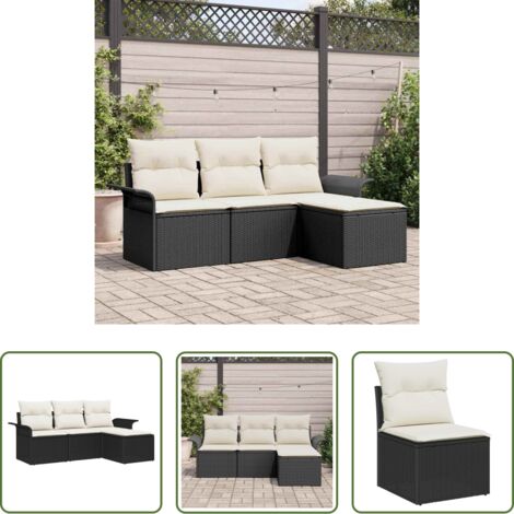 vidaXL Cojín exterior -  Conjunto de sofá de jardín con cojín 4 pcs Negro Poliratán