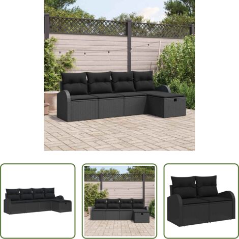vidaXL Cojín exterior -  Conjunto de sofá de jardín con cojín 5 pcs Negro Poliratán