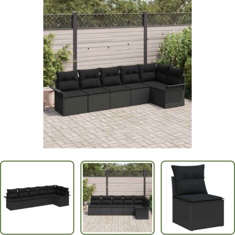 vidaXL Cojín exterior -  Conjunto de sofá de jardín con cojín 6 pcs Negro Poliratán
