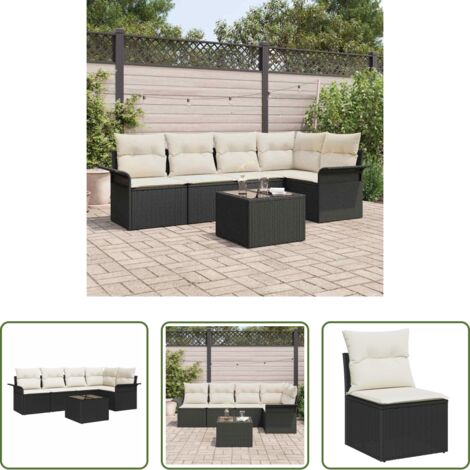 vidaXL Cojín exterior -  Conjunto de sofá de jardín con cojín 6 pcs Negro Poliratán