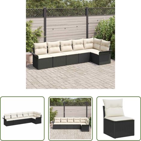 vidaXL Cojín exterior -  Conjunto de sofá de jardín con cojín 6 pcs Negro Poliratán