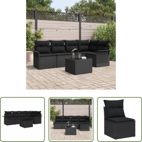 vidaXL Cojín exterior -  Conjunto de sofá de jardín con cojín 6 pcs Negro Poliratán