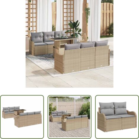 vidaXL Cojín exterior -  Conjunto de sofá de jardín con cojín 7 pcs Beige Poliratán