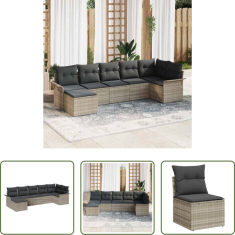 vidaXL Cojín exterior -  Conjunto de sofá de jardín con cojín 7 pcs Gris claro Poliratán