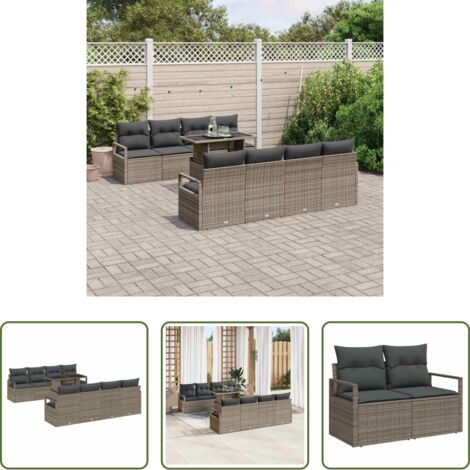 vidaXL Cojín exterior -  Conjunto de sofá de jardín con cojín 9 pcs Gris Poliratán
