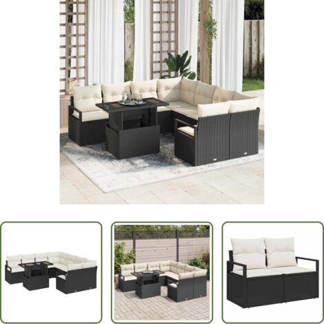 vidaXL Cojín exterior -  Conjunto de sofá de jardín con cojín 9 pcs Negro Poliratán