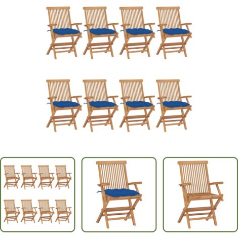 vidaXL Cojines azules -  Sillas de jardín 8 uds madera maciza de teca con cojines azules