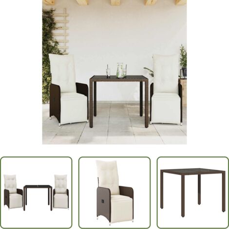 vidaXL Cojines de asiento -  Mesita y sillas jardín 3 pzas y cojines ratán sintético marrón
