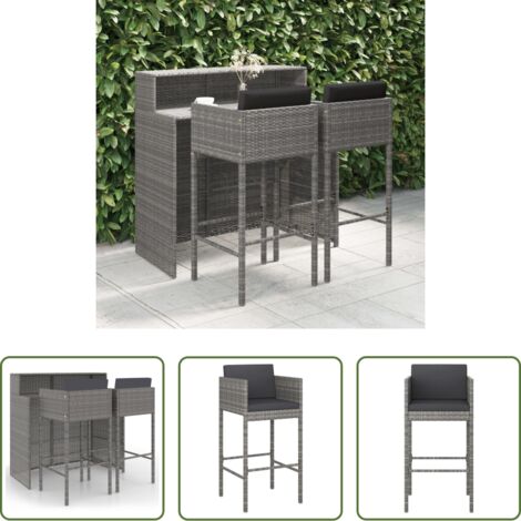 vidaXL Cojines de asiento -  Set de muebles bar jardín 3 pzas y cojines ratán sintético gris