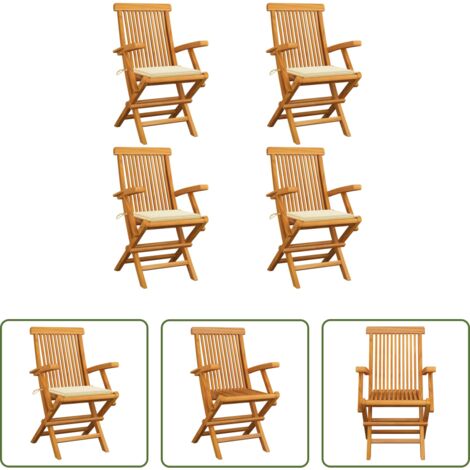 vidaXL Cojines de asiento -  Sillas de jardín 4 uds madera teca con cojines color crema