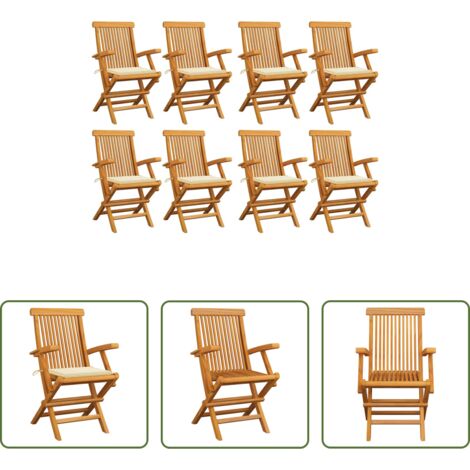 vidaXL Cojines de asiento -  Sillas de jardín 8 uds madera teca con cojines color crema