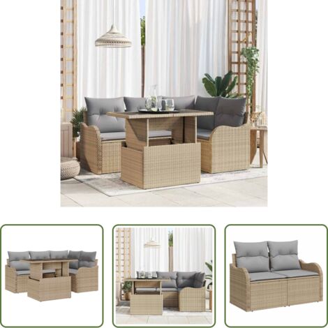 vidaXL Cojines de exterior -  Conjunto de sofá de jardín 5 pcs Beige Rattan de Poliéster