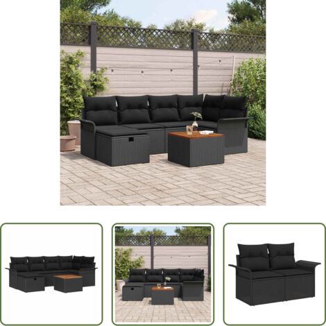 vidaXL Cojines de exterior -  Conjunto de sofás de jardín con cojín 7 pcs Negro Poliratán